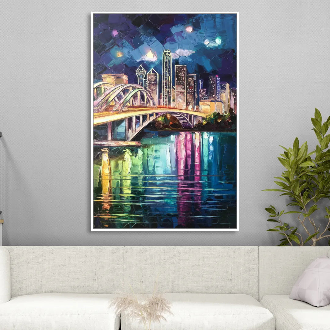 Dallas Trinity River Bridge Living Room - White Canvas Wall Art