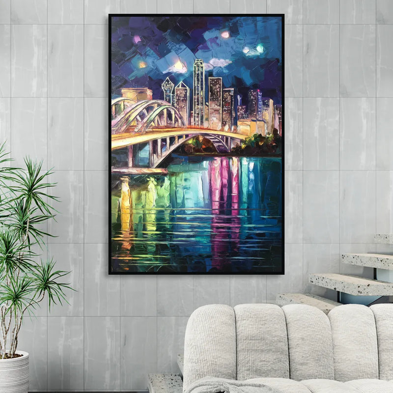 Dallas Trinity River Bridge Living Room - Black Canvas Wall Art
