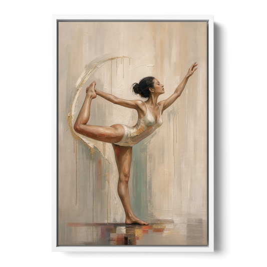 Dancer Pose Balance with Palette Knife Arc - White Framed Canvas Wall Art - Front