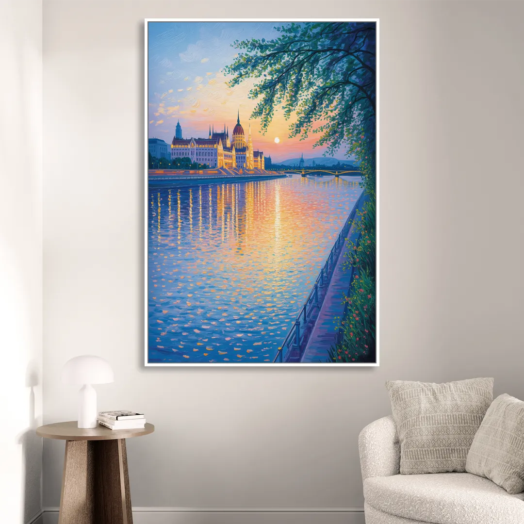 Danube Reflections Sitting Room - White Canvas Wall Art