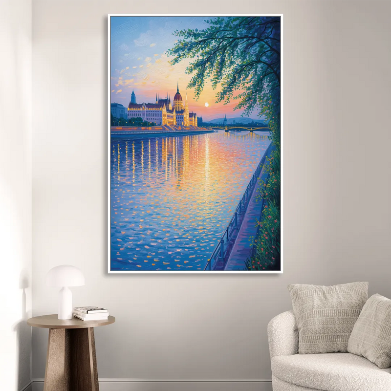 Danube Reflections Sitting Room - White Canvas Wall Art