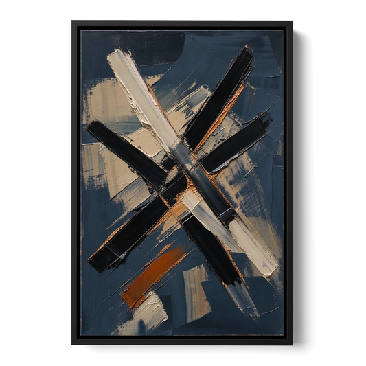 Dark Abstract Copper Crossings in Navy - Black Framed Canvas Wall Art - Front