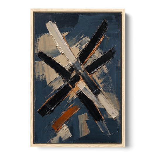 Dark Abstract Copper Crossings in Navy - Oak Framed Canvas Wall Art - Front