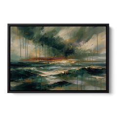 Dark Abstract Painting of an Emerald Storm Sea - Black Framed Canvas Wall Art - Front