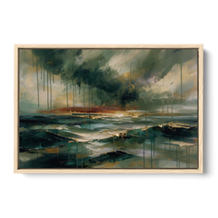 Dark Abstract Painting of an Emerald Storm Sea - Oak Framed Canvas Wall Art - Front