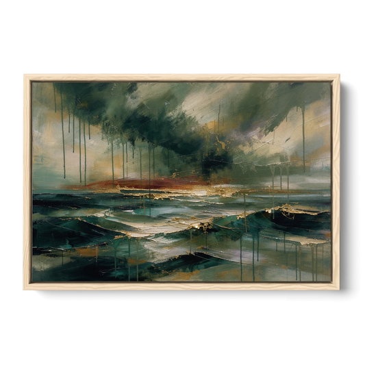 Dark Abstract Painting of an Emerald Storm Sea - Oak Framed Canvas Wall Art - Front