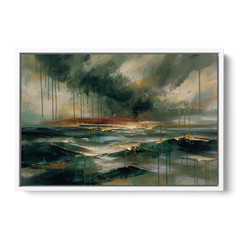 Dark Abstract Painting of an Emerald Storm Sea - White Framed Canvas Wall Art - Front