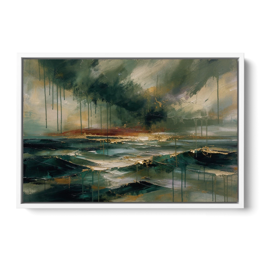 Dark Abstract Painting of an Emerald Storm Sea - White Framed Canvas Wall Art - Front