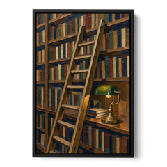 Dark Academia Decor Library Ladder by Lamplight - Black Framed Canvas Wall Art - Front
