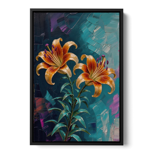 Dark Botanical Wall Art of Orange Lilies - Black Framed Canvas Wall Art - Front