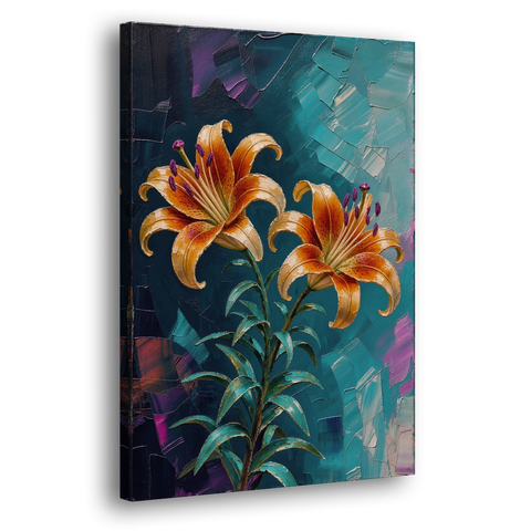 Dark Botanical Wall Art of Orange Lilies - Canvas Wall Art - Side