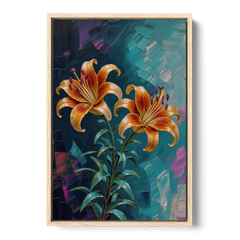 Dark Botanical Wall Art of Orange Lilies - Oak Framed Canvas Wall Art - Front