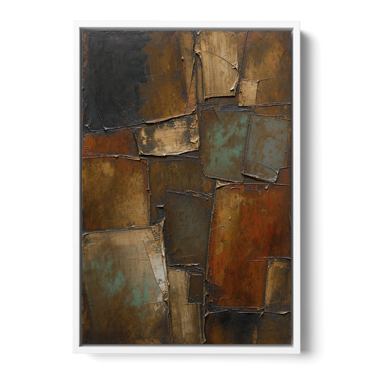 Dark Brown Abstract of Weathered Iron in Dark Academia - White Framed Canvas Wall Art - Front