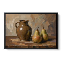 Dark Brown Painting of a Stoneware Jug and Pears - Black Framed Canvas Wall Art - Front
