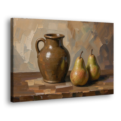 Dark Brown Painting of a Stoneware Jug and Pears - Canvas Wall Art - Side
