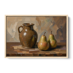 Dark Brown Painting of a Stoneware Jug and Pears - Oak Framed Canvas Wall Art - Front