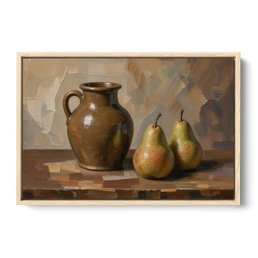 Dark Brown Painting of a Stoneware Jug and Pears - Oak Framed Canvas Wall Art - Front
