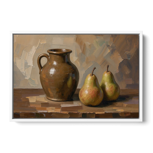 Dark Brown Painting of a Stoneware Jug and Pears - White Framed Canvas Wall Art - Front