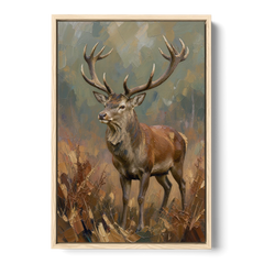 Dark Brown Wall Art with Red Stag in Bracken - Oak Framed Canvas Wall Art - Front
