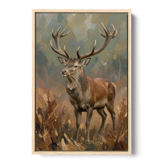 Dark Brown Wall Art with Red Stag in Bracken - Oak Framed Canvas Wall Art - Front