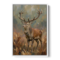 Dark Brown Wall Art with Red Stag in Bracken - White Framed Canvas Wall Art - Front