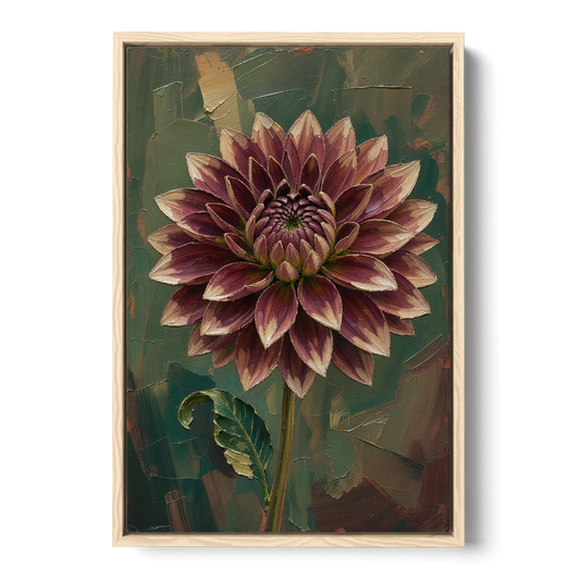 Dark Floral Canvas Art of a Burgundy Dahlia - Oak Framed Canvas Wall Art - Front