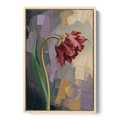Dark Floral Painting of a Crimson Parrot Tulip - Oak Framed Canvas Wall Art - Front