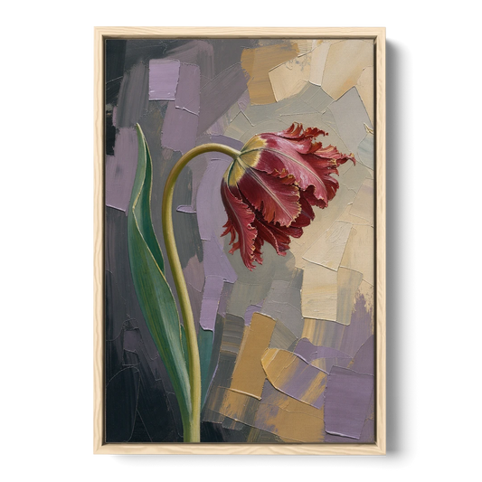 Dark Floral Painting of a Crimson Parrot Tulip - Oak Framed Canvas Wall Art - Front