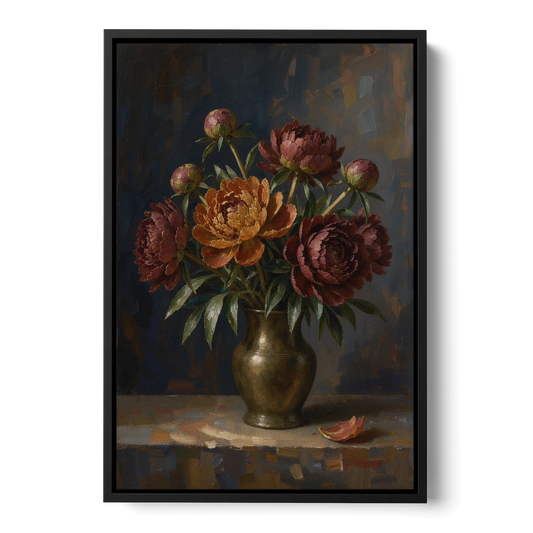 Dark Floral Rust Peonies in a Bronze Vase - Black Framed Canvas Wall Art - Front