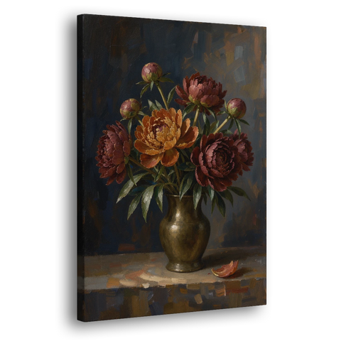 Dark Floral Rust Peonies in a Bronze Vase - Canvas Wall Art - Side