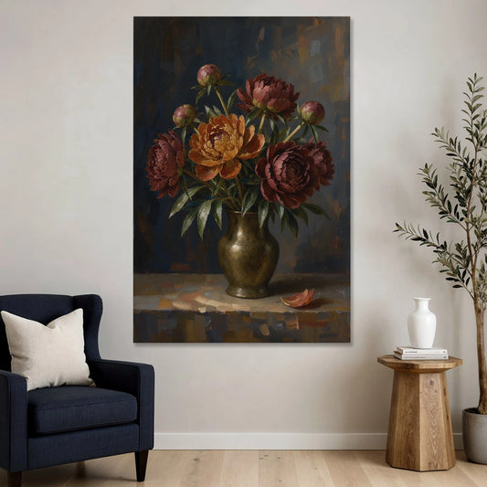 Dark Floral Rust Peonies in a Bronze Vase - Canvas Wall Art - Sofa - 40x60