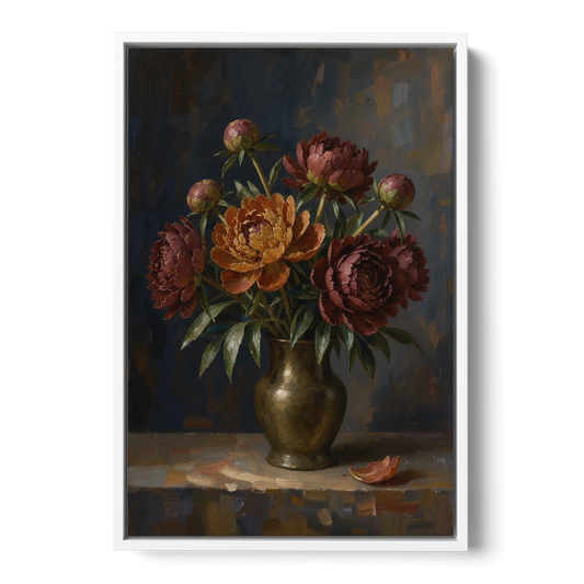 Dark Floral Rust Peonies in a Bronze Vase - White Framed Canvas Wall Art - Front