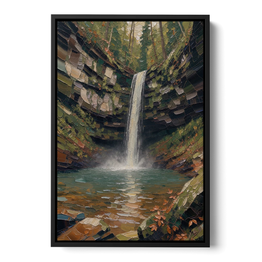 Dark Green Mossy Gorge Waterfall - Black Framed Canvas Wall Art - Front