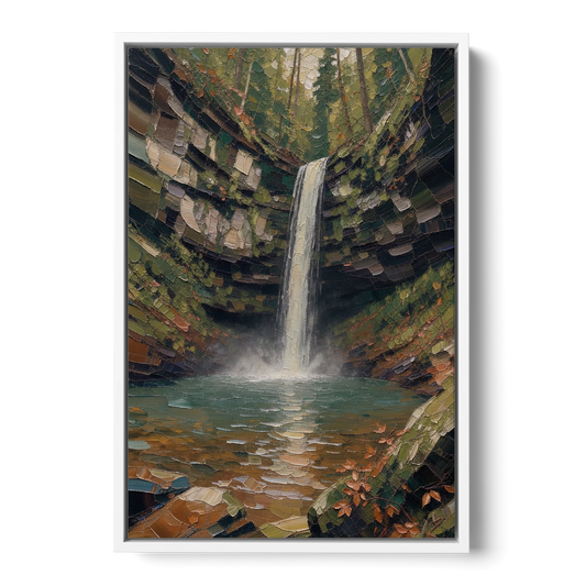 Dark Green Mossy Gorge Waterfall - White Framed Canvas Wall Art - Front