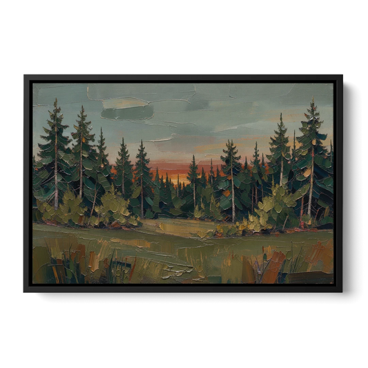 Dark Green Painting of Pines at Dusk - Black Framed Canvas Wall Art - Front
