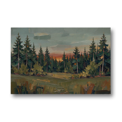 Dark Green Painting of Pines at Dusk - Canvas Wall Art - Front