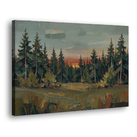 Dark Green Painting of Pines at Dusk - Canvas Wall Art - Side