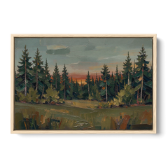Dark Green Painting of Pines at Dusk - Oak Framed Canvas Wall Art - Front