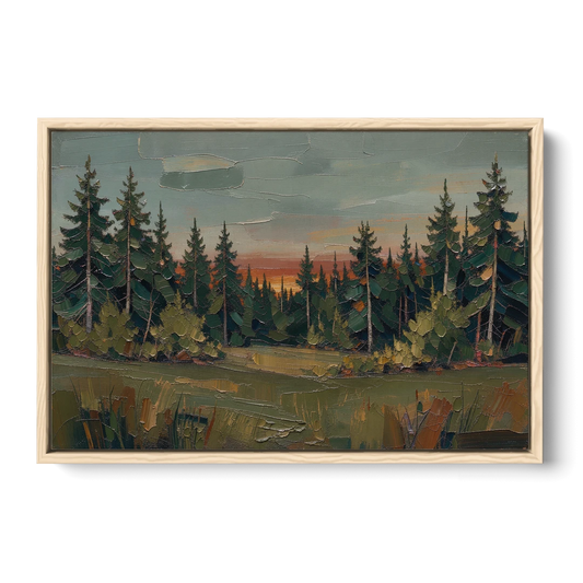 Dark Green Painting of Pines at Dusk - Oak Framed Canvas Wall Art - Front