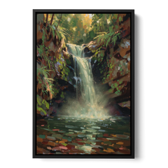 Dark Green Wall Decor with a Mossy Waterfall - Black Framed Canvas Wall Art - Front