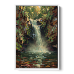 Dark Green Wall Decor with a Mossy Waterfall - White Framed Canvas Wall Art - Front