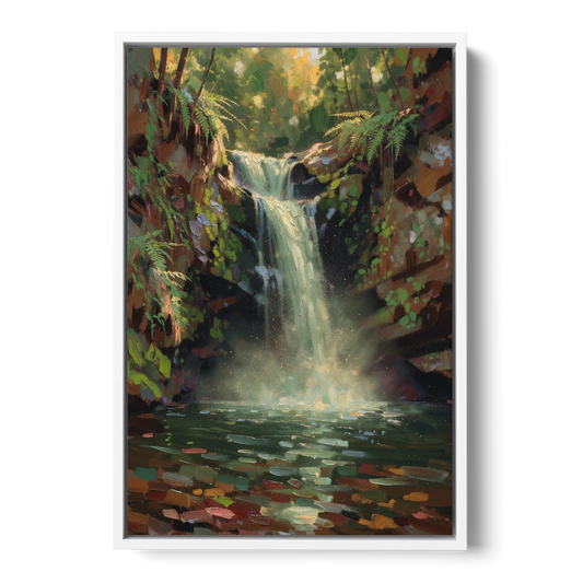 Dark Green Wall Decor with a Mossy Waterfall - White Framed Canvas Wall Art - Front