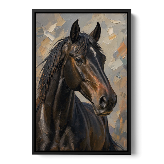 Dark Moody Black Horse in Palette Knife Light - Black Framed Canvas Wall Art - Front