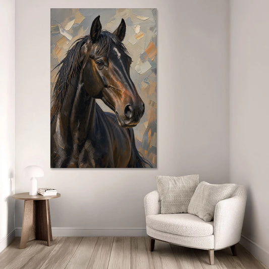 Dark Moody Black Horse in Palette Knife Light - Canvas Wall Art - Sofa - 40x60