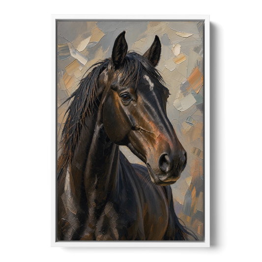 Dark Moody Black Horse in Palette Knife Light - White Framed Canvas Wall Art - Front