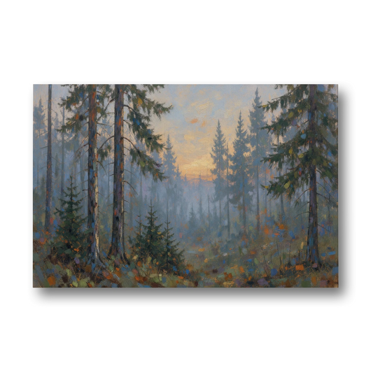 Dark Moody Misty Forest Pines at Dusk - Canvas Wall Art - Front