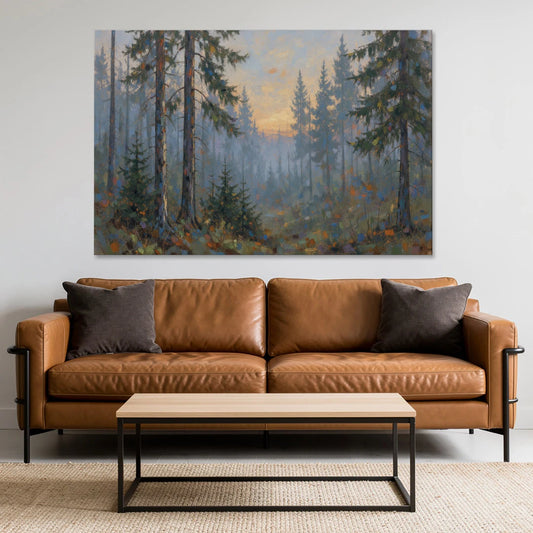 Dark Moody Misty Forest Pines at Dusk - Canvas Wall Art - Sofa - 60x40