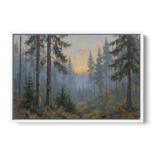 Dark Moody Misty Forest Pines at Dusk - White Framed Canvas Wall Art - Front