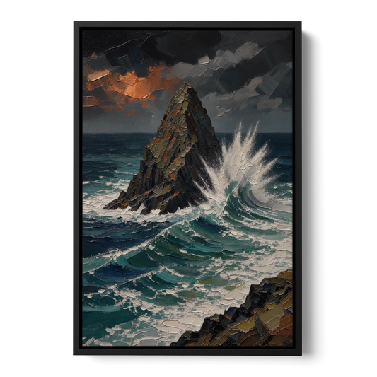 Dark Moody Stormy Ocean Sea Stack - Black Framed Canvas Wall Art - Front