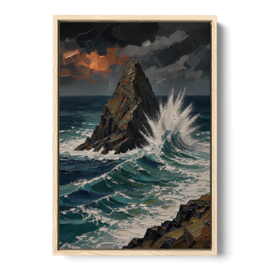 Dark Moody Stormy Ocean Sea Stack - Oak Framed Canvas Wall Art - Front